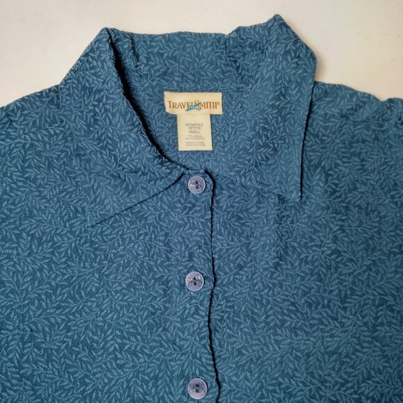 TravelSmith Blouse Petite Small SP Blue Long Sleeve Textured Leaf Collar Button - Picture 7 of 10